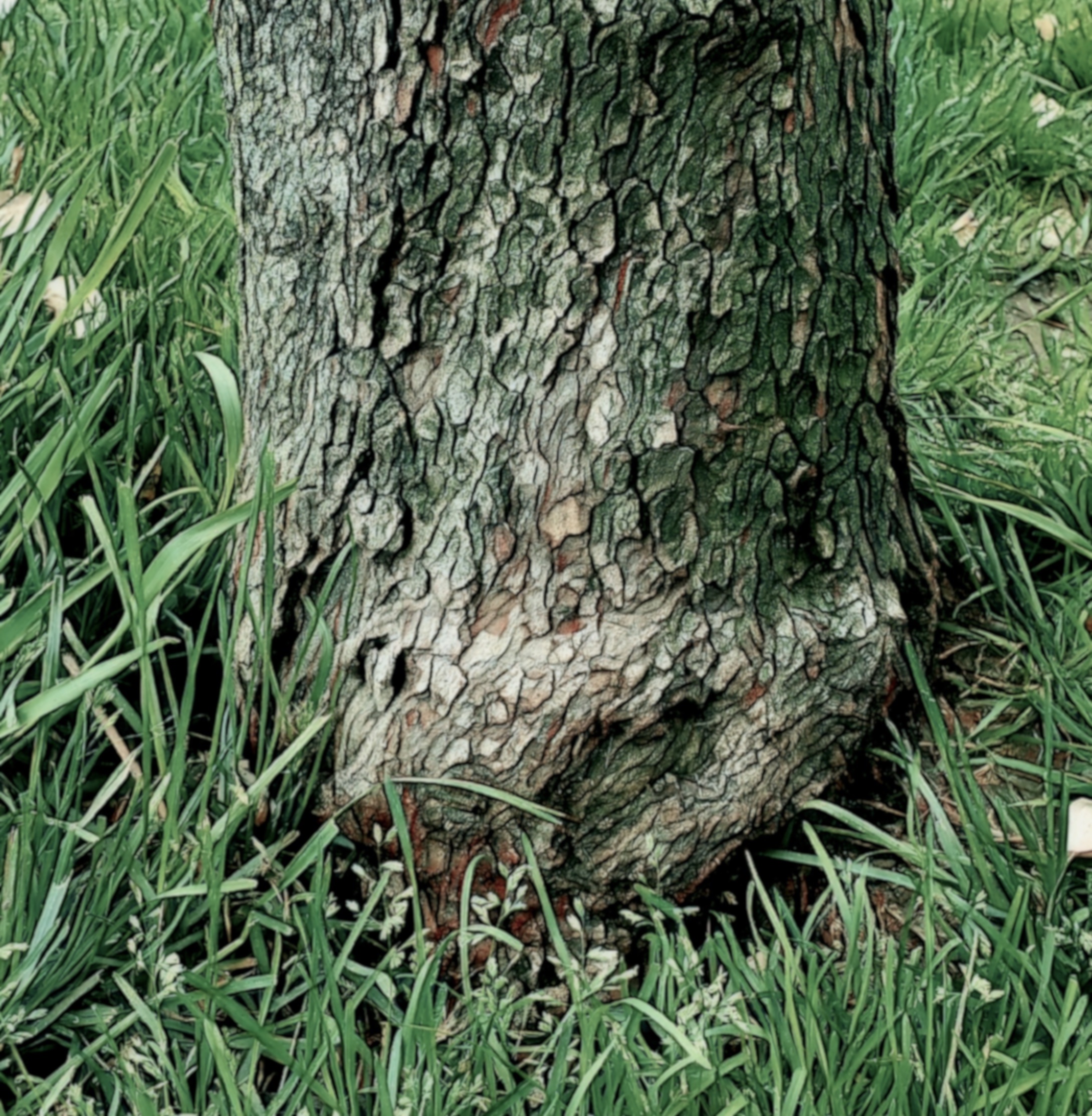 A photo of the base of a dogwood tree's trunk amongst green grass.