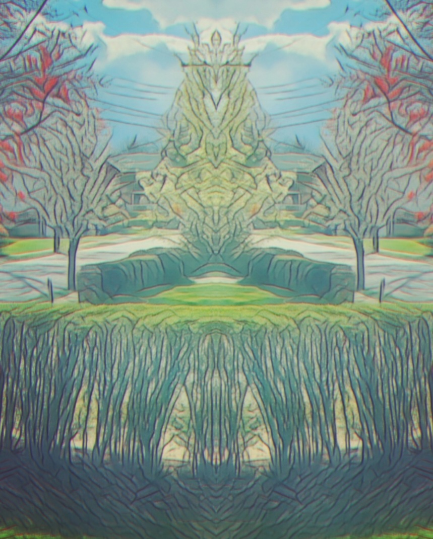 An artfully altered photo of hedges, trees, grass, and sky.