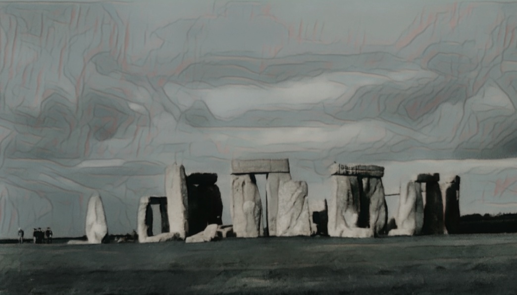 An artfully altered black-and-white photo of Stonehenge.