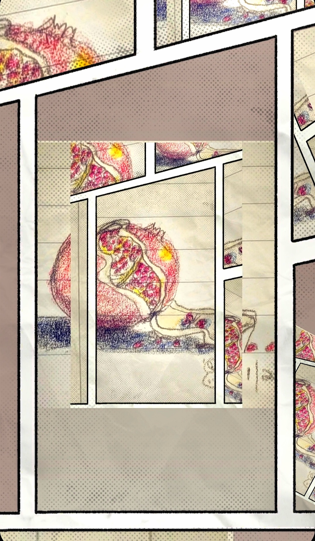 An augmented thumbnail sketch of a partially peeled pomegranate.